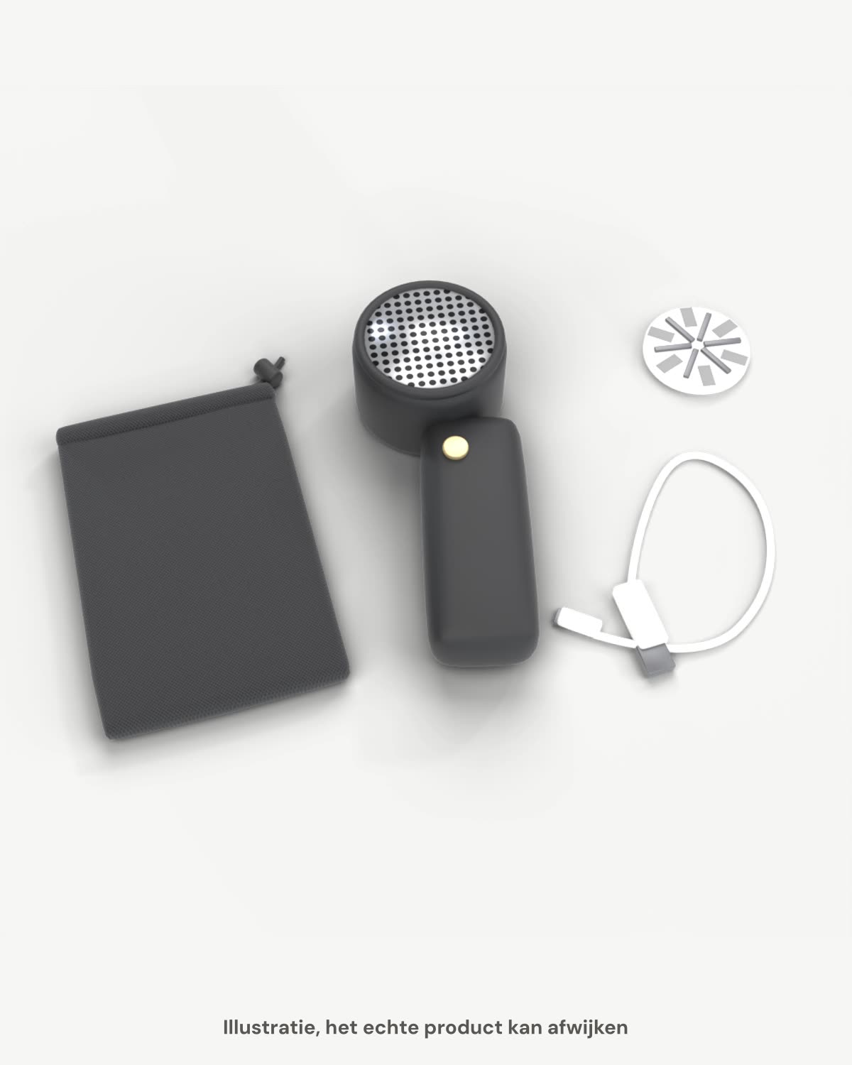 Illustratie van de set: een zwarte snoerloze pluizentondeuse, een witte usb-kabel, een witte extra scheerkop en een zwart opbergzakje